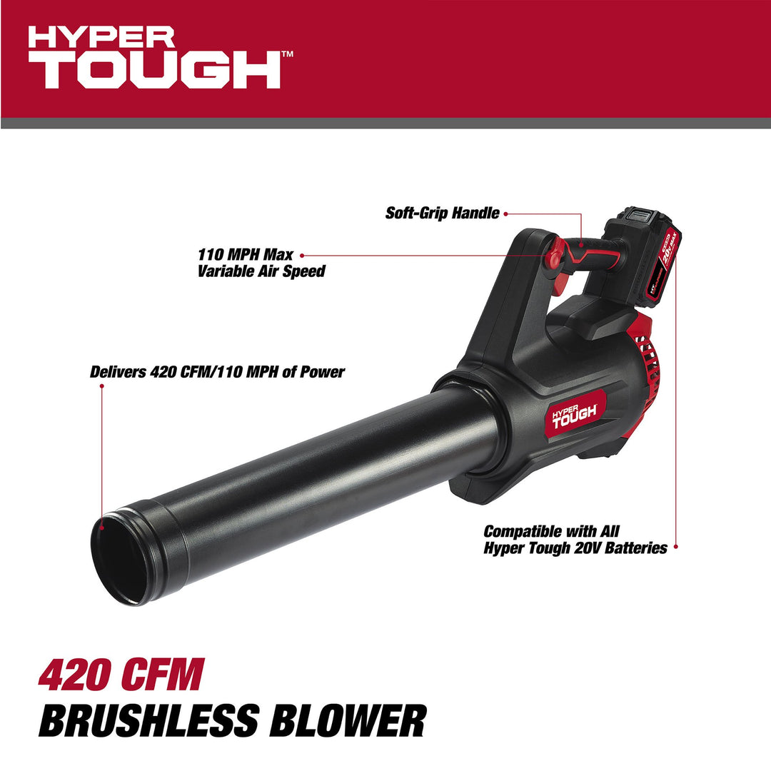 Restored Hyper Tough Brushless Handheld Battery Blower | 20V Max | 110 MPH | 420 CFM  | 4.0Ah | HT22-401-03-01 (Refurbished)