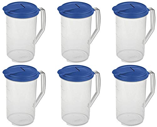 Sterilite Round Plastic Pitcher 1 Gallon Clear with Blue Lid, 2-Pack