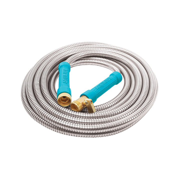 Restored Aqua Joe AJSGH25-MAX Heavy-Duty Puncture Proof Kink-Free Garden Hose, 25-Foot, 1/2-Inch, w/Brass Fitting & On/Off Valve, Spiral Constructed 304-Stainless Steel Metal (Refurbished)