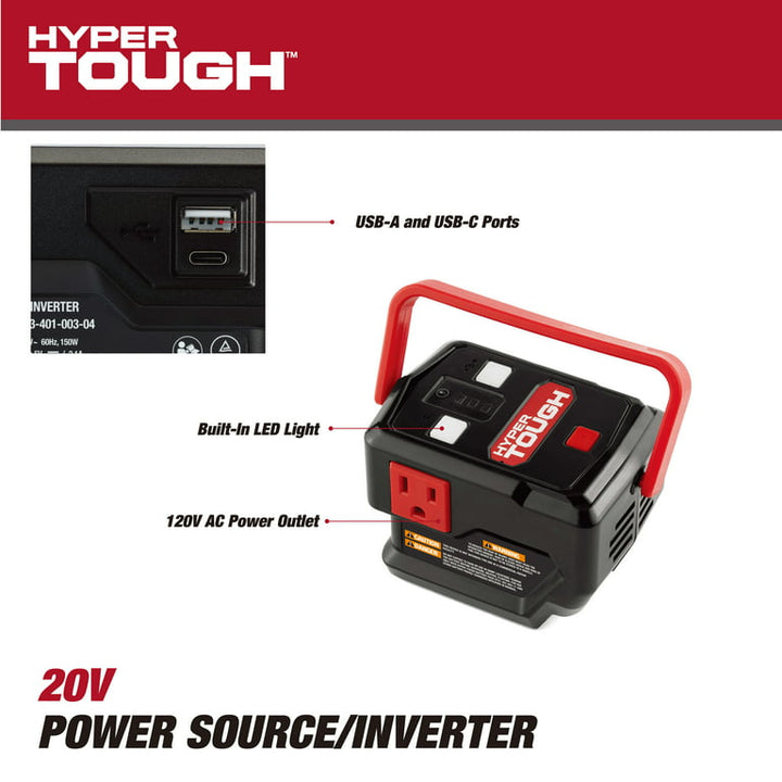 Restored Hyper Tough 20V 150 Watts Power Source/Inverter (Battery Not Included), HT13-401-003-04 (Refurbished)