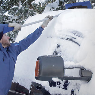 Snow Joe 3-In-1 Telescoping Snow Broom Ice Scraper | 18-Inch Foam Head | Headlights (Blue)