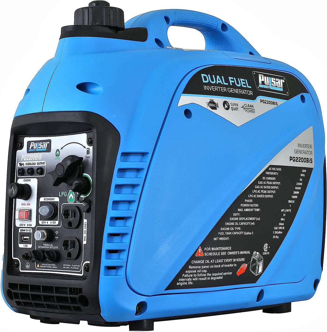 Restored Pulsar 2,200W Portable Dual Fuel Quiet Inverter Generator with USB Outlet & Parallel Capability, CARB Compliant, PG2200BiS (Refurbished)