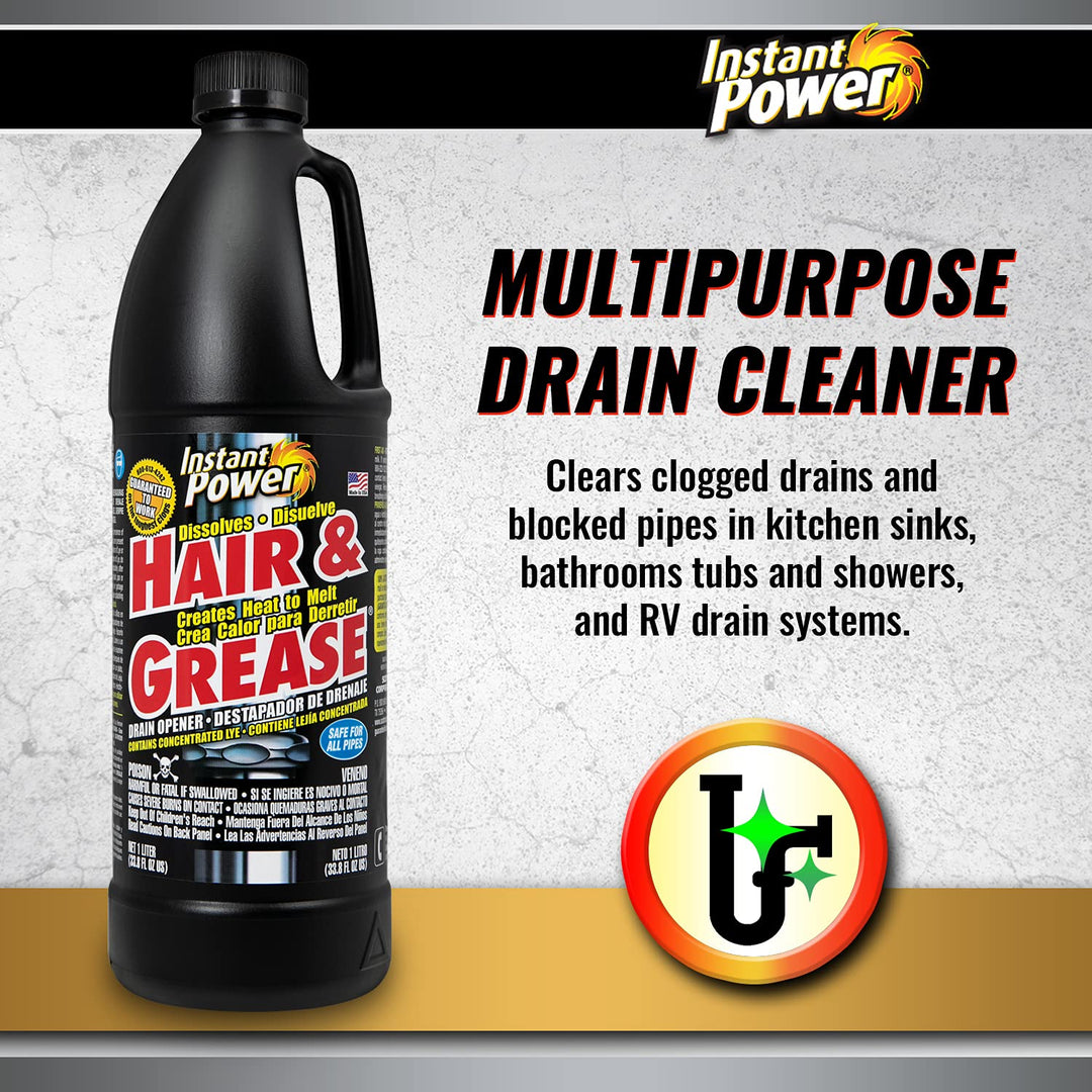 Instant Power 1969 Hair and Grease Drain Opener | 1L | Liquid, Black (3-Pack)