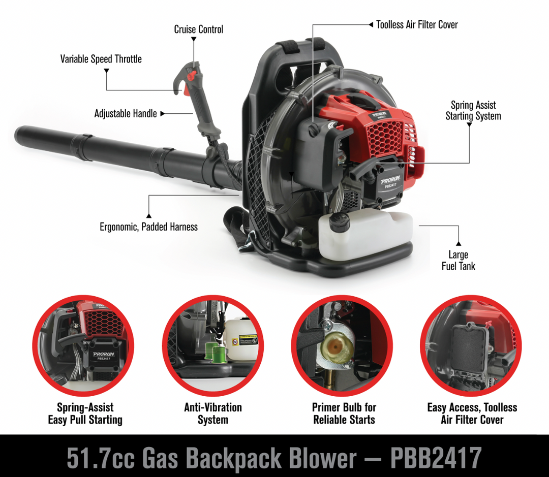 PRORUN PBB2417 | 52cc 50 MPH Gas-Powered Backpack Leaf Blower | 2-Cycle | 570 CFM | In-Store Exclusive