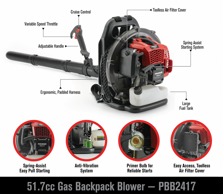 PRORUN PBB2417 | 52cc 50 MPH Gas-Powered Backpack Leaf Blower | 2-Cycle | 570 CFM | In-Store Exclusive