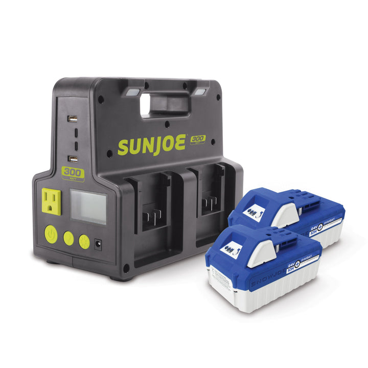 Restored Sun Joe 24V-300WI-2AMP-KIT 24-Volt Cordless Powered Inverter Generator Power Station | W/ 2 x 4.0-Ah Batteries (Refurbished)