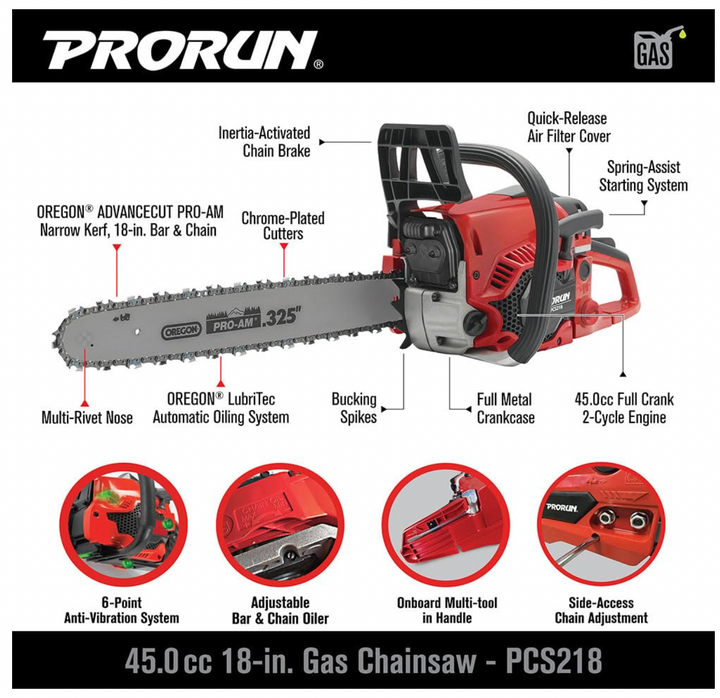 PRORUN PCS218 | 45.0cc 18″ Gas Chainsaw | 2-Cycle | In-Store Exclusive