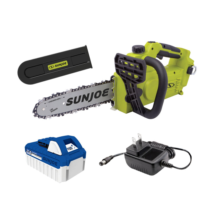 Sun Joe 24V-10CS-GRN | 24V Cordless Self-Oiling Chain Saw Kit | 10in | Tool-Less Bar/Chain Tension |  4.0-Ah Battery + Charger (Refurbished) | In-Store Exclusive