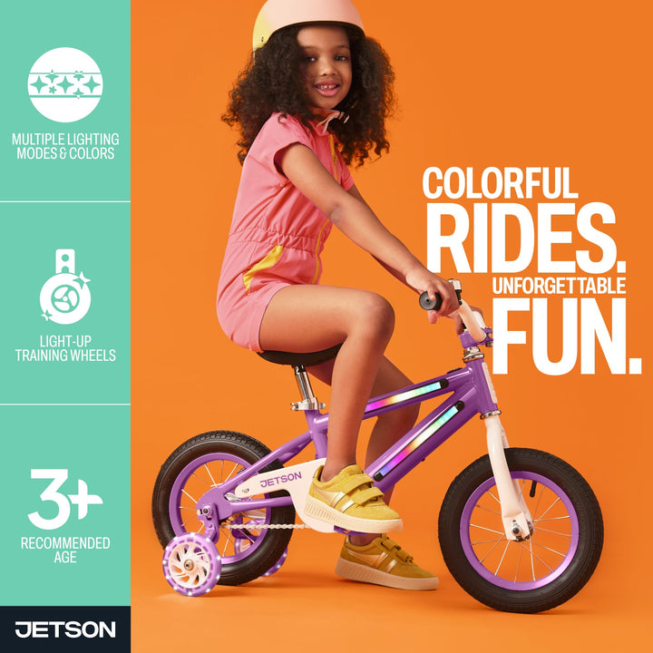 Jetson Light Rider Kids’ Light-up Unisex Bike | 3 Light Modes | Adjustable | 12" Rubber Tires | Training Wheels | Purple | JLRG12-PUR
