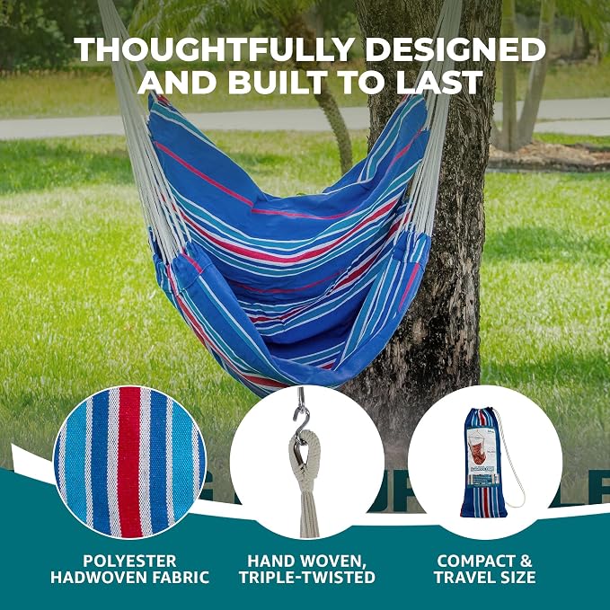 Bliss Hammocks WM-412F_2 | Hammock Chair with Collapsible Push-Pin Spreader Bar | Polyester | Multi Color Patriotic Stripe