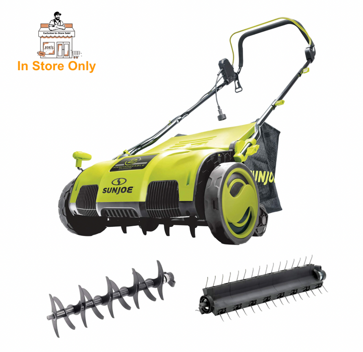 Restored Sun Joe AJ805E | In-Store Exclusive | 15-Inch, 13-Amp, Electric Dethatcher and Scarifier, With Removable 13.2-Gal Collection Bag, 5-Position Height Adjustment (Remanufactured)