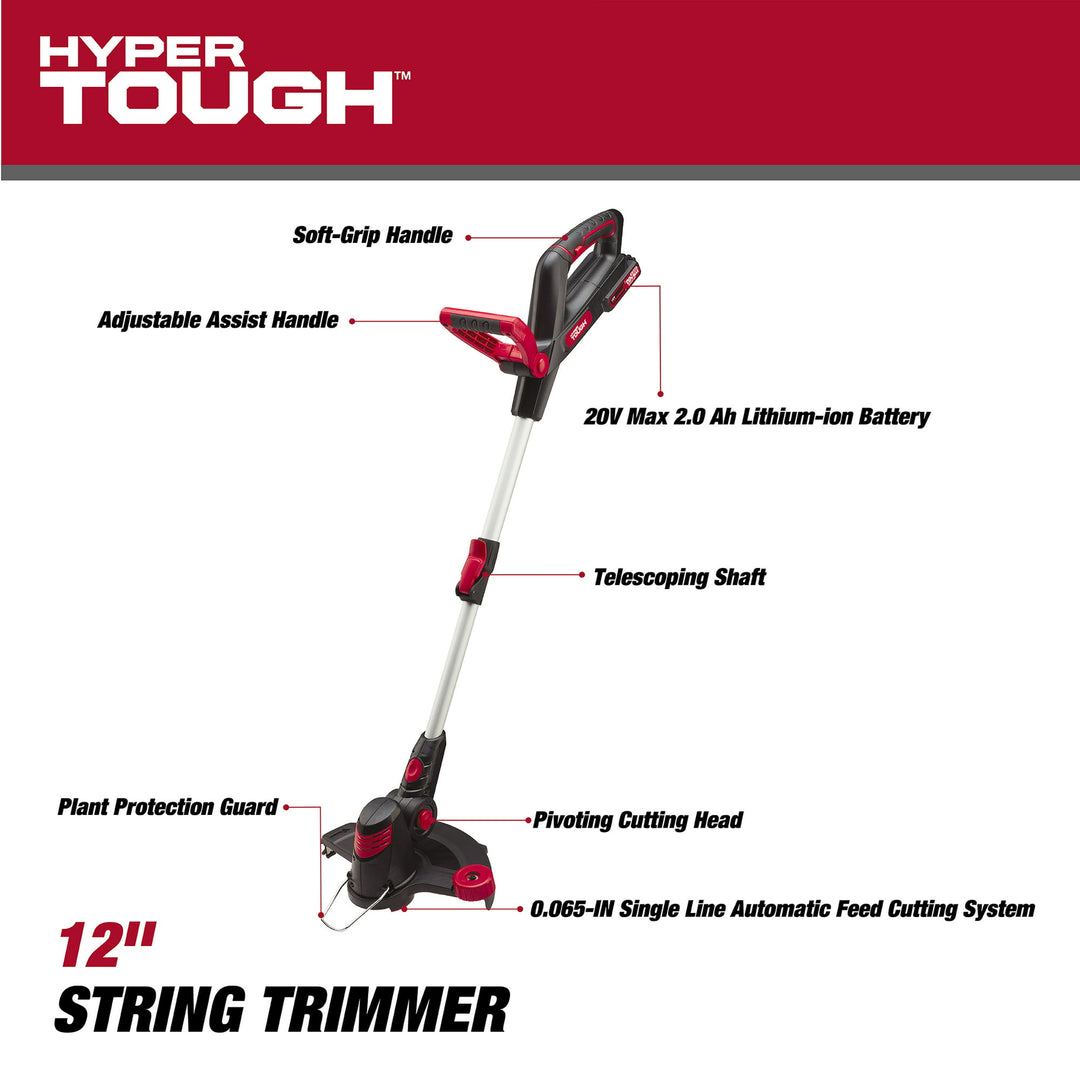 Restored Hyper Tough Cordless String Trimmer | 20V Max | 12-Inch | HT21-401-003-02 (Refurbished)