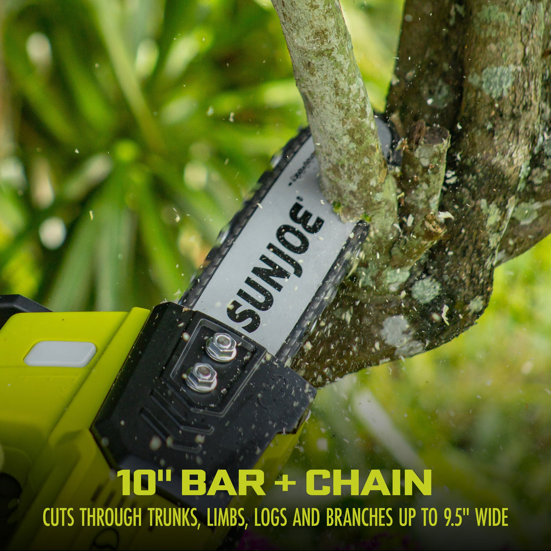 Sun Joe 24V-10CS-GRN | 24V Cordless Self-Oiling Chain Saw Kit | 10in | Tool-Less Bar/Chain Tension |  4.0-Ah Battery + Charger (Refurbished) | In-Store Exclusive