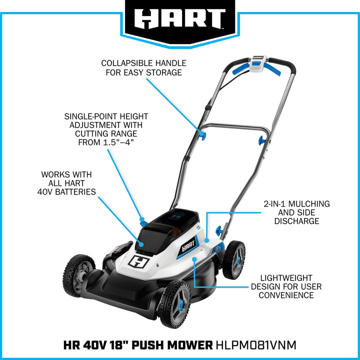 Restored HART 40-Volt Cordless 18-inch Push Mower | 40V | Side Discharge | Mower Only - Battery & Charger Not Included (Refurbished)