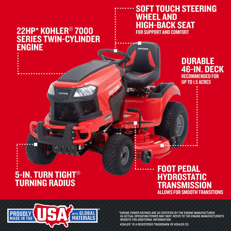CRAFTSMAN T2400K | 46in 22HP TURN TIGHT Gas Riding Lawn Mower | KOHLER Twin-Cylinder 7000 Series Engine | Hydrostatic Transmission