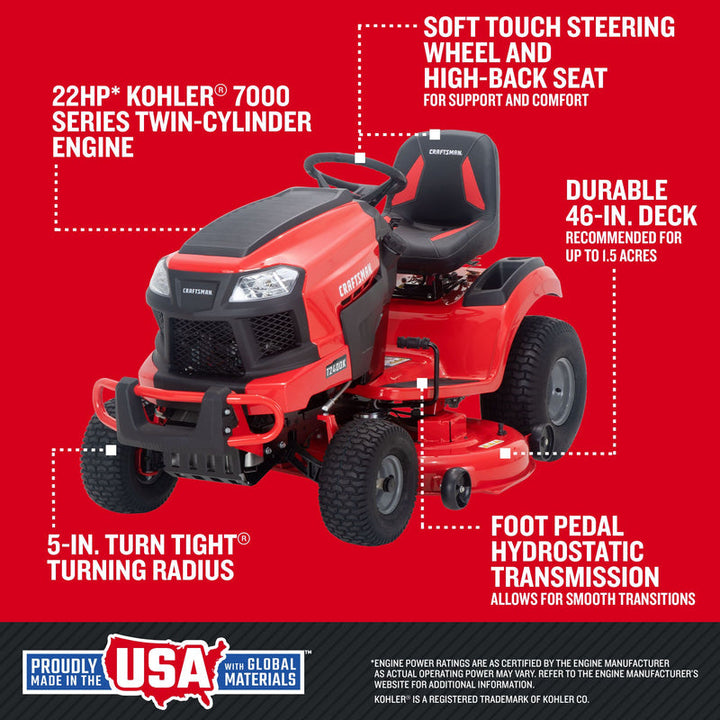 CRAFTSMAN T2400K | 46in 22HP TURN TIGHT Gas Riding Lawn Mower | KOHLER Twin-Cylinder 7000 Series Engine | Hydrostatic Transmission