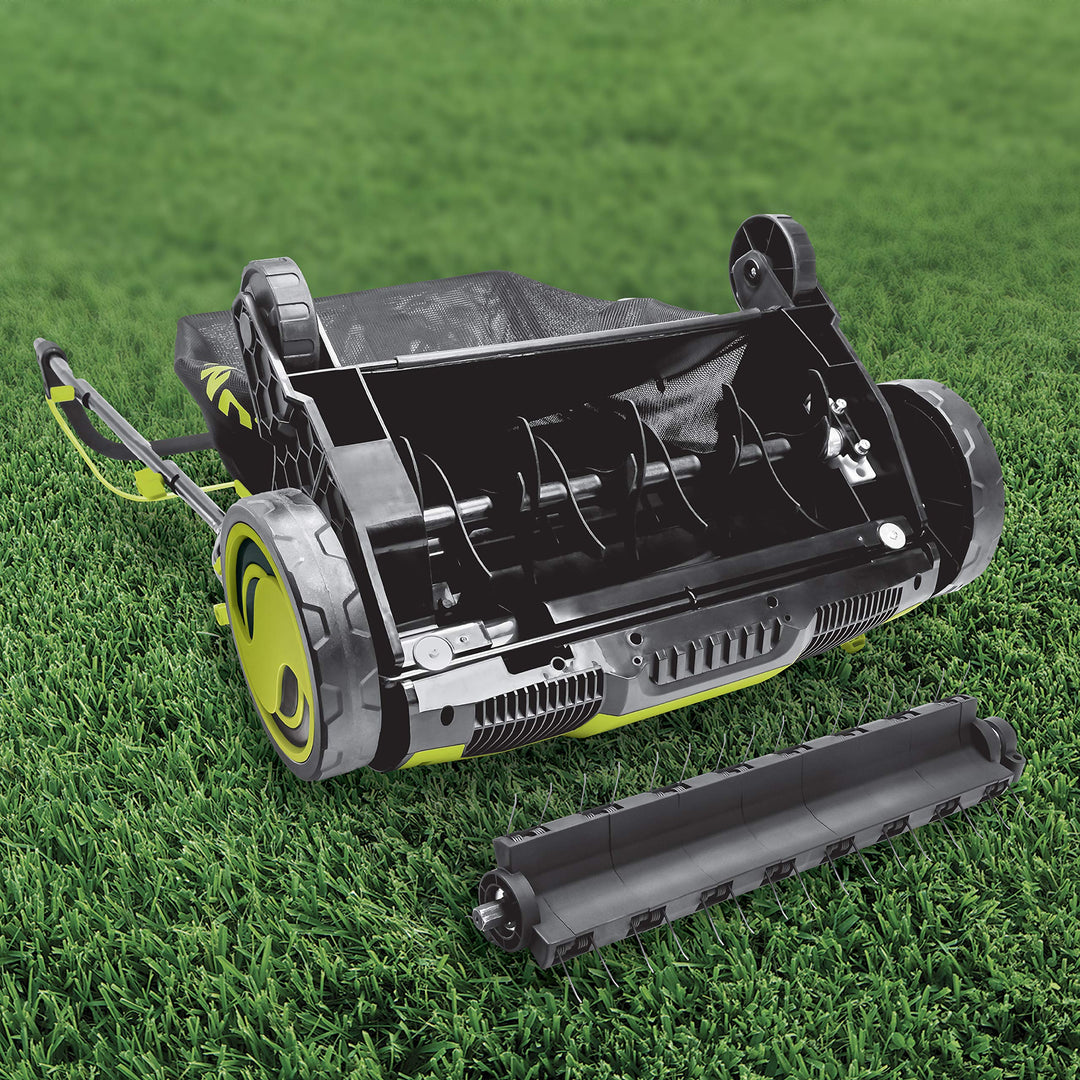 Restored Sun Joe AJ805E Electric Dethatcher & Scarifier | 15in. | 13-Amp | 5 Height Adjustments | Removable 13.2-Gal Collection Bag (Refurbished)