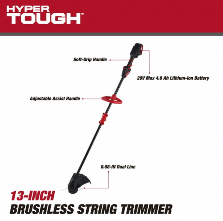 Restored Scratch and Dent Hyper Tough Brushless String Trimmer | Battery Powered | 20V Max | 13" | 4.0Ah | Rapid Reload Trimmer Head | HT22-401-03-02 (Refurbished)