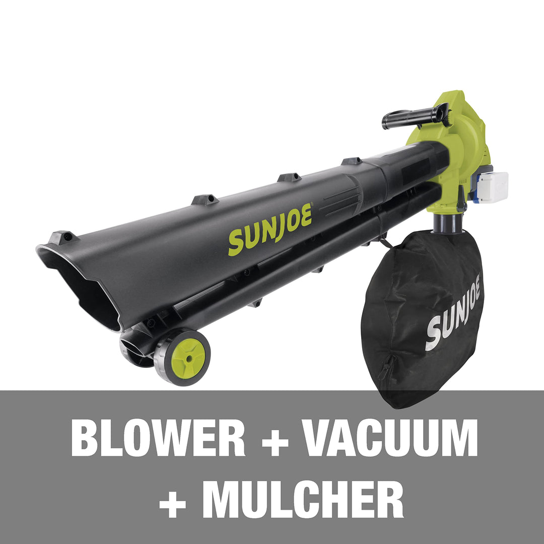 Restored Sun Joe 24V-X2-BVM190 | Cordless Leaf Blower Vacuum Mulcher Kit | 48-Volt iON+ | 190-MPH | 340-CFM | W/ 2 x 4.0-Ah Batteries + Charger (Refurbished)