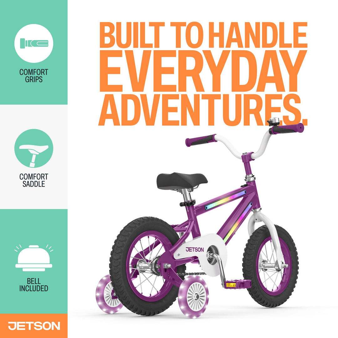 Jetson Light Rider Kids’ Light-up Unisex Bike | 3 Light Modes | Adjustable | 12" Rubber Tires | Training Wheels | Purple | JLRG12-PUR | In-Store Exclusive