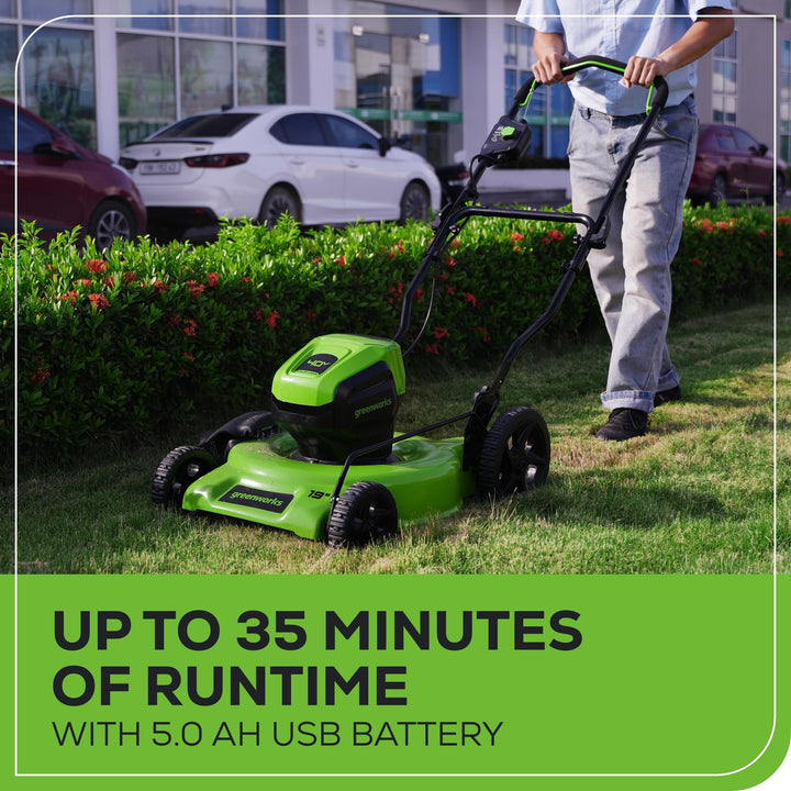 Restored Greenworks LMF465 | 40V 19" Brushless Lawn Mower (High Wheel) | 5.0Ah Battery (Refurbished)