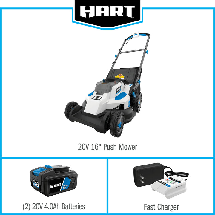 Restored Scratch and Dent HART 20-Volt 16-Inch Push Lawn Mower Kit, (2) 20-Volt 4.0Ah Lithium-Ion Batteries, (1) Battery Charger (Refurbished)