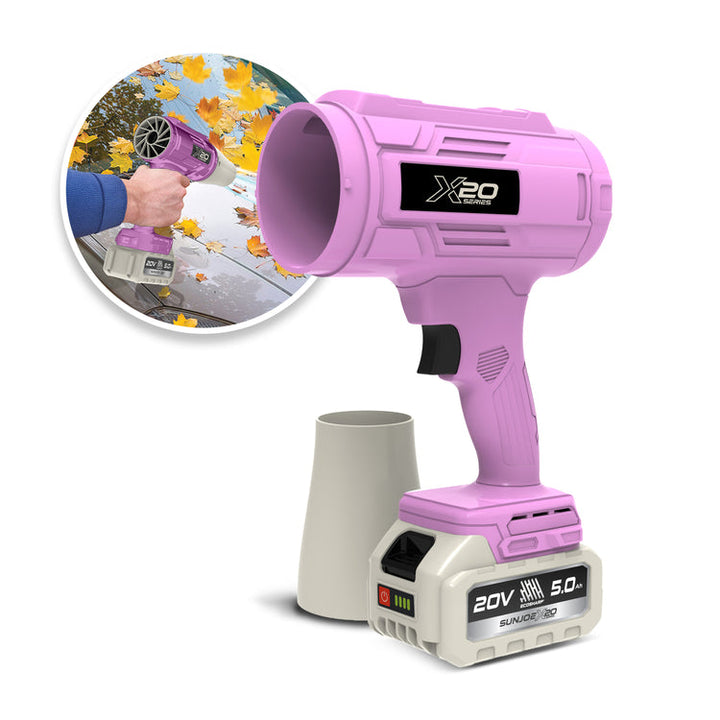 Restored Sun Joe GO-SRMJET-5A-RED | 20V Cordless X20 StormJet Handheld Turbo Blower | 40 CFM | 5.0Ah Battery + Charger (Pink) (Refurbished)