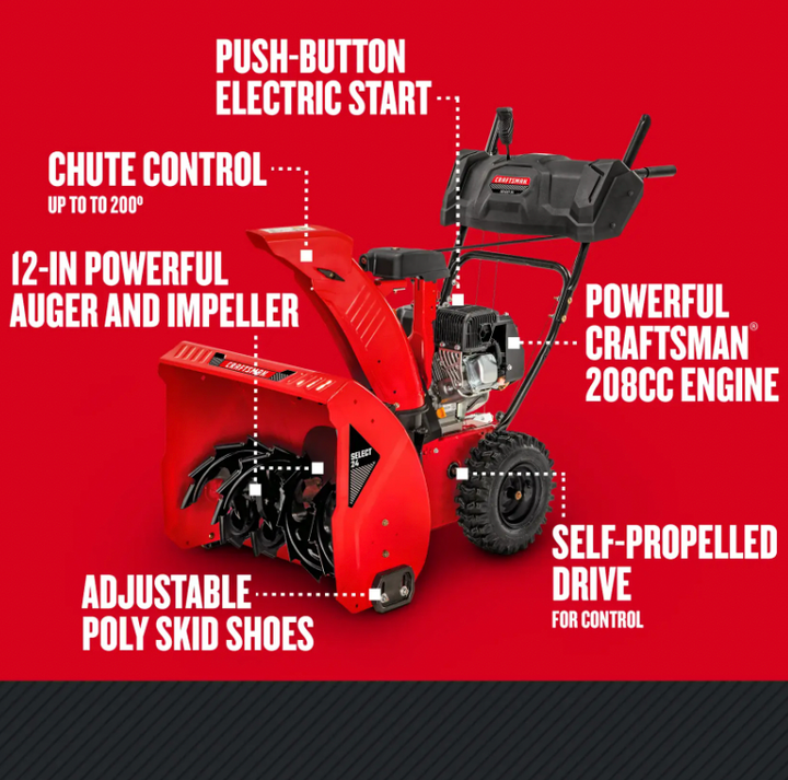 CRAFTSMAN 24-inch 208cc Two-stage Gas Snow Blower | Self-Propelled | Steel Chute | Electric Start (31AS6K1EB93)