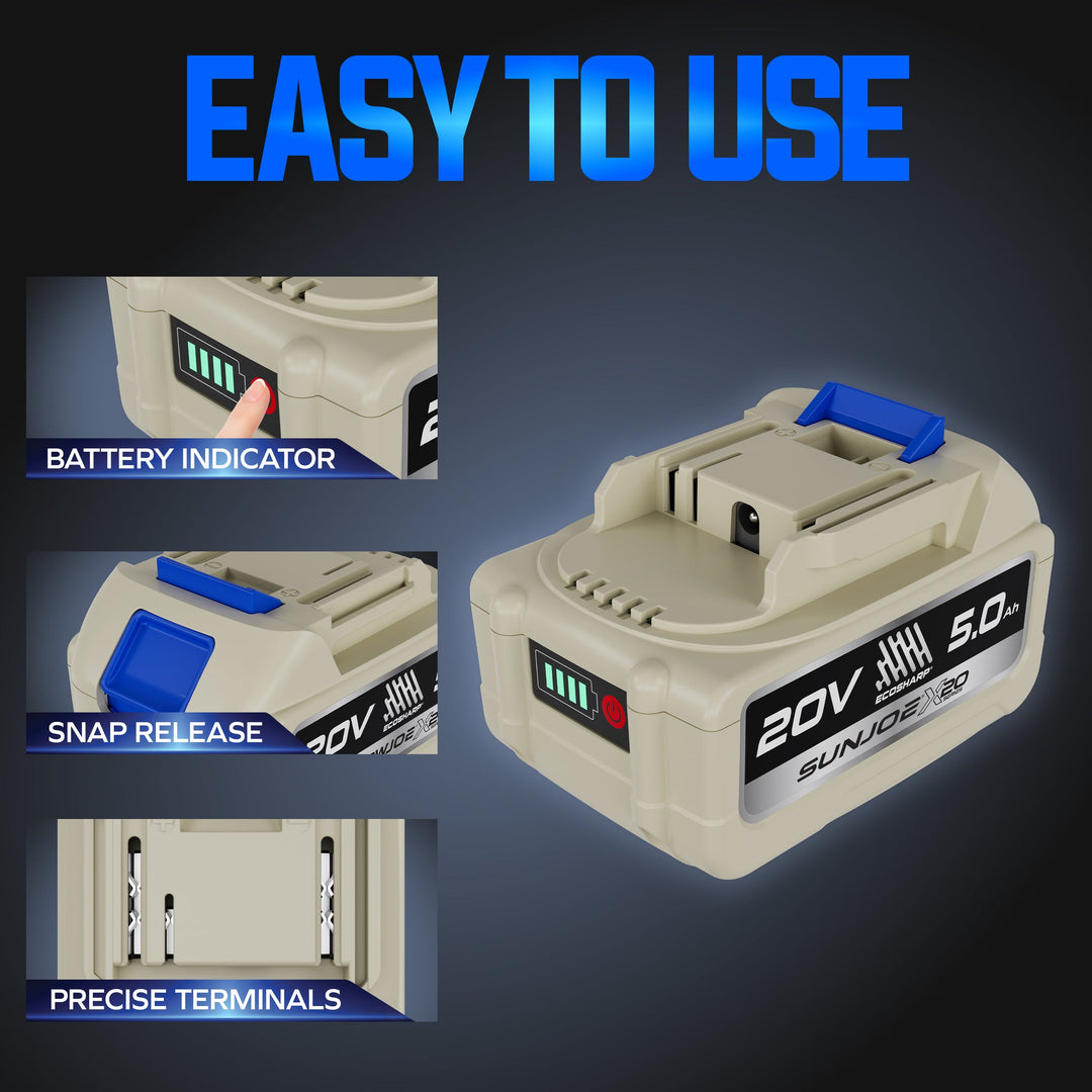 Sun Joe 20V-BATT-5A | X20-Series 20-Volt 5000-mAh Lithium-ION Battery | For Use with Universal ECOSHARP Devices | w/LED Indicator (Refurbished) | In-Store Exclusive