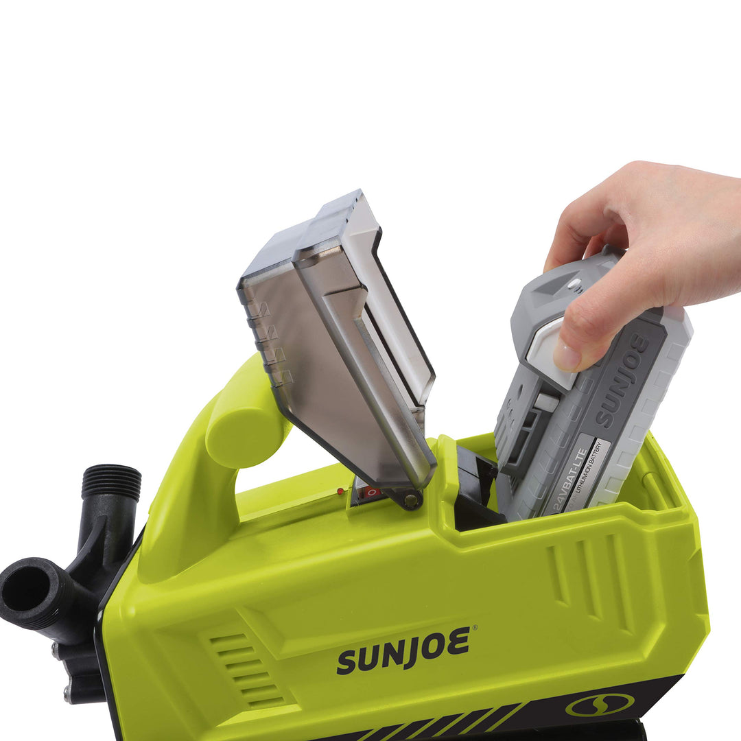 Restored Sun Joe 24V-XFP5-LTE | 24-V Cordless Transfer Pump Kit | 5.0-GPM | 13-Ft Suction Lift | 52-Ft Head Height | W/ 2.0-Ah Battery + Charger (Refurbished)