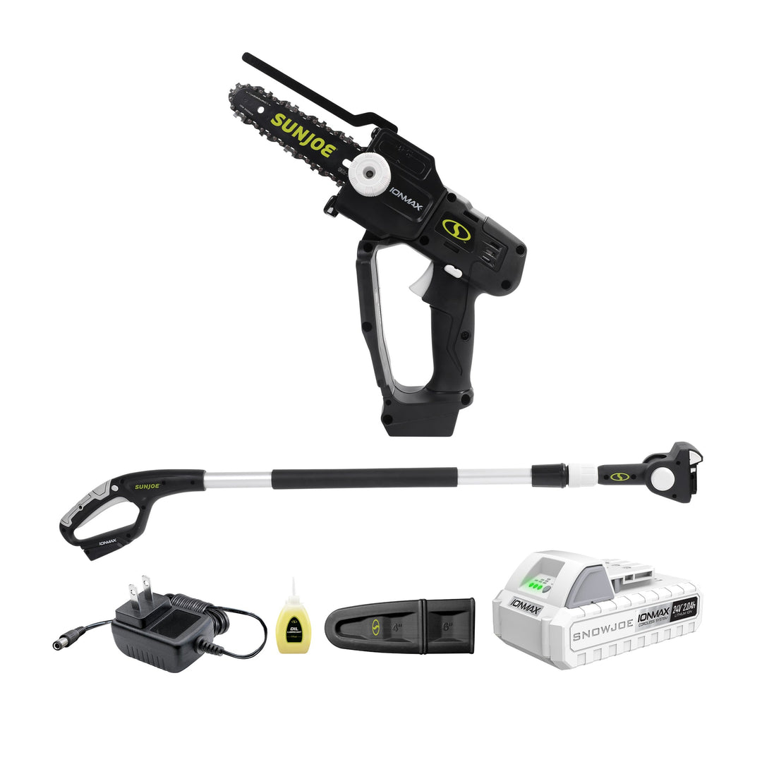 Restored Sun Joe 24V-HCSWP-6-LTE | 24-Volt* IONMAX Cordless Telescoping Pole Pruning Saw Kit | 4000 RPM | W/ 2.0-Ah Battery + Charger (Refurbished)