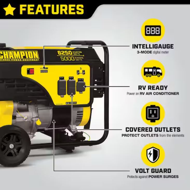 Restored Champion 100812 | 6250-Watt/5000-Watt Gasoline Powered Portable Generator | Recoil Start | With Wheel Kit (Refurbished)