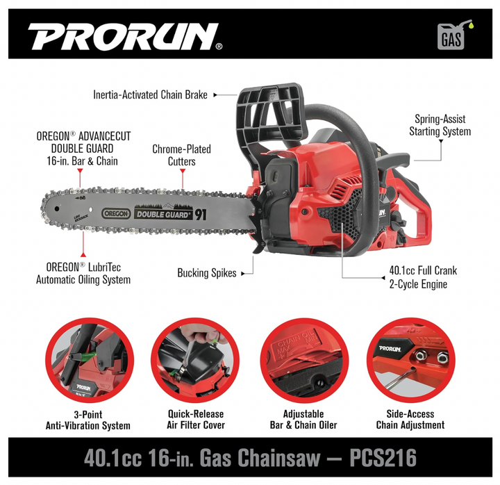 PRORUN PCS216 | 40.1cc 16-in. Gas-Powered 2-Cycle Chainsaw | In-Store Exclusive