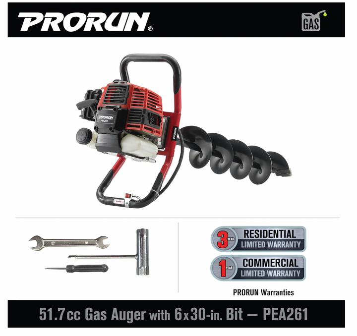 PRORUN PEA261 | 51.7cc One Person Gas-Powered Auger | 2-Cycle | With 6 x 30-in. Bit | In-Store Exclusive