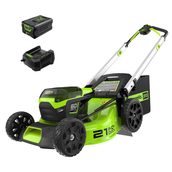 Restored Greenworks LMC421 | 60V 21” Cordless Push Lawn Mower | LED Lights + Aluminum Handles | 5.0Ah Battery & Rapid Charger (Refurbished)