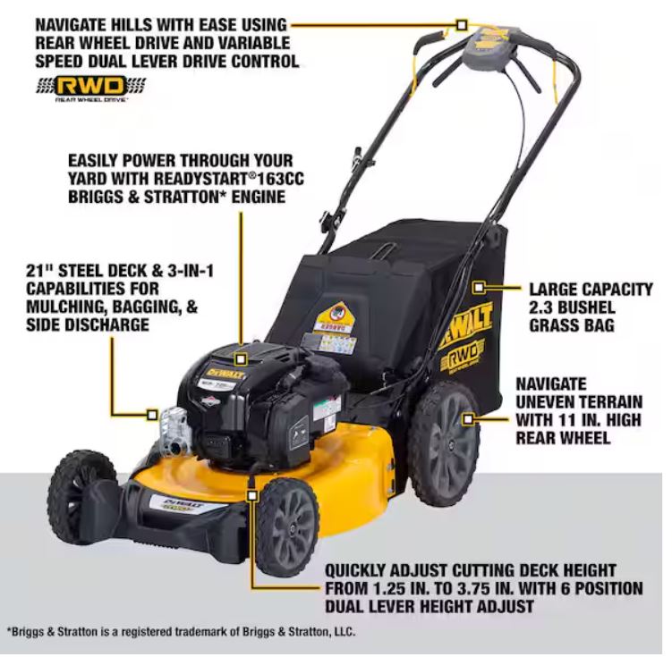 DEWALT 12AVP2R3739 | 21in. Self Propelled Lawn Mower | 163cc Briggs and Stratton 725Exi Engine | Rear Wheel Drive | 3-in-1 (Refurbished)