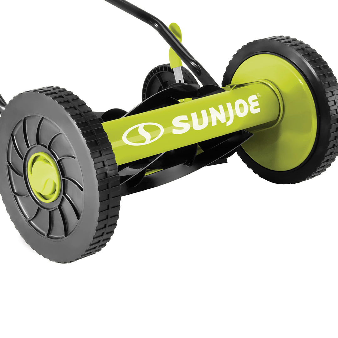 Restored Sun Joe MJ503M | 14in Quad Wheel Reel Mower | 9-Position | Some Cosmetic Wear (Refurbished)