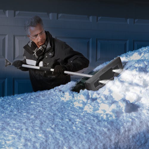 Snow Joe SJBLZD-LED | 4-In-1 Telescoping Snow Broom + Ice Scraper | 18-Inch Foam Head | Headlights (Open Box)