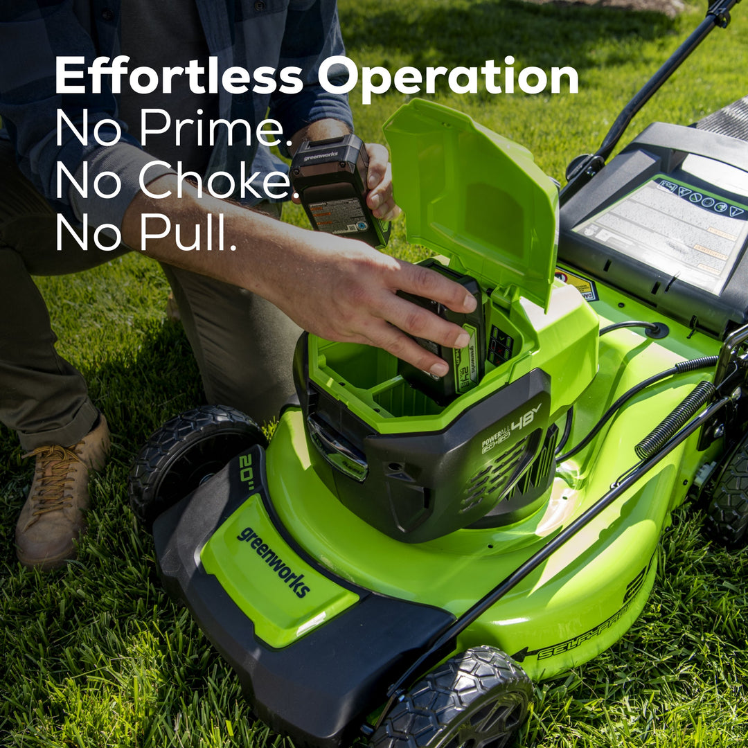 Restored Scratch and Dent Greenworks LME454 | Cordless Battery Push Mower | 48V | (2x24V) | Two (2) 4.0Ah USB Batteries | Dual Port Rapid Charger (Refurbished)