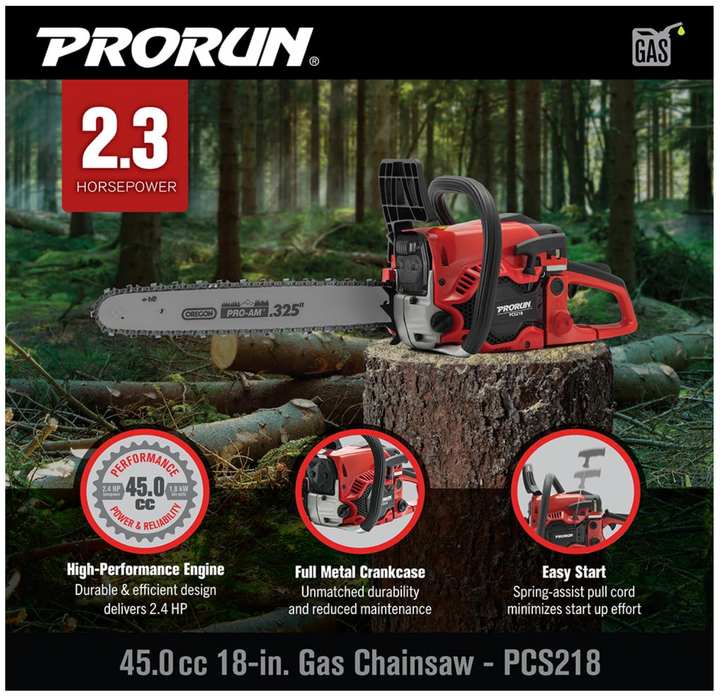 PRORUN PCS218 | 45.0cc 18″ Gas Chainsaw | 2-Cycle | In-Store Exclusive