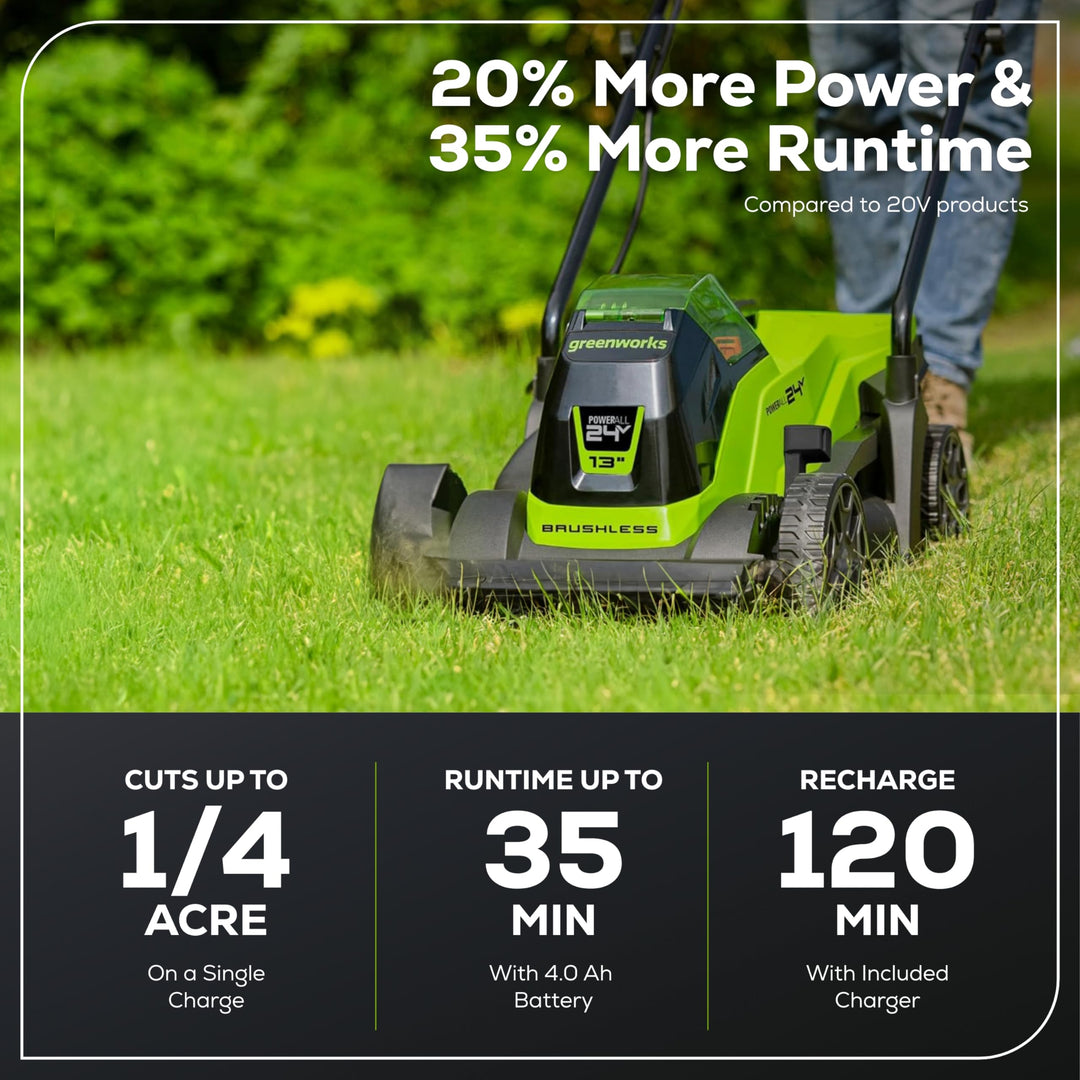 Restored Greenworks LMG401 | 24V 13" Brushless Cordless Push Lawn Mower | 4.0Ah Battery & Charger Included (Refurbished)