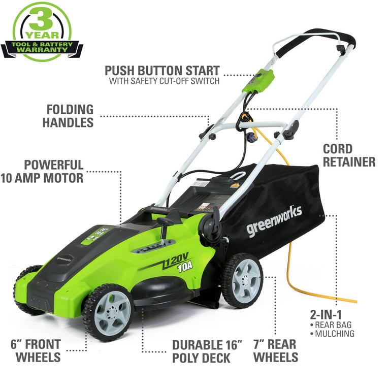 Restored Scratch and Dent Greenworks 10 Amp 16-inch Corded Electric Walk-Behind Push Lawn Mower, 25142 (Refurbished)