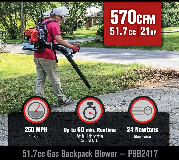 PRORUN PBB2417 | 52cc 50 MPH Gas-Powered Backpack Leaf Blower | 2-Cycle | 570 CFM | In-Store Exclusive