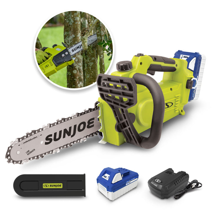 Sun Joe 24V-10CS-GRN | 24V Cordless Self-Oiling Chain Saw Kit | 10in | Tool-Less Bar/Chain Tension |  4.0-Ah Battery + Charger (Refurbished) | In-Store Exclusive