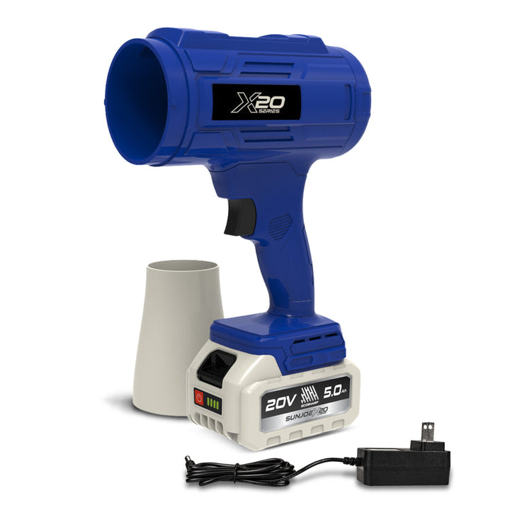 Restored Sun Joe GO-SRMJET-5A-BLU | 20V Cordless X20 StormJet Handheld Turbo Blower | 40 CFM | 5.0-Ah Battery + Charger (Blue) (Refurbished)