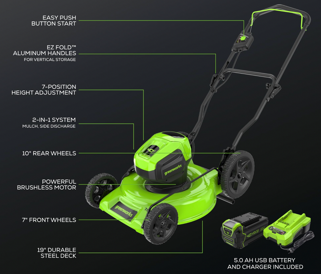 Restored Greenworks LMF465 | 40V 19" Brushless Lawn Mower (High Wheel) | 5.0Ah Battery (Refurbished)