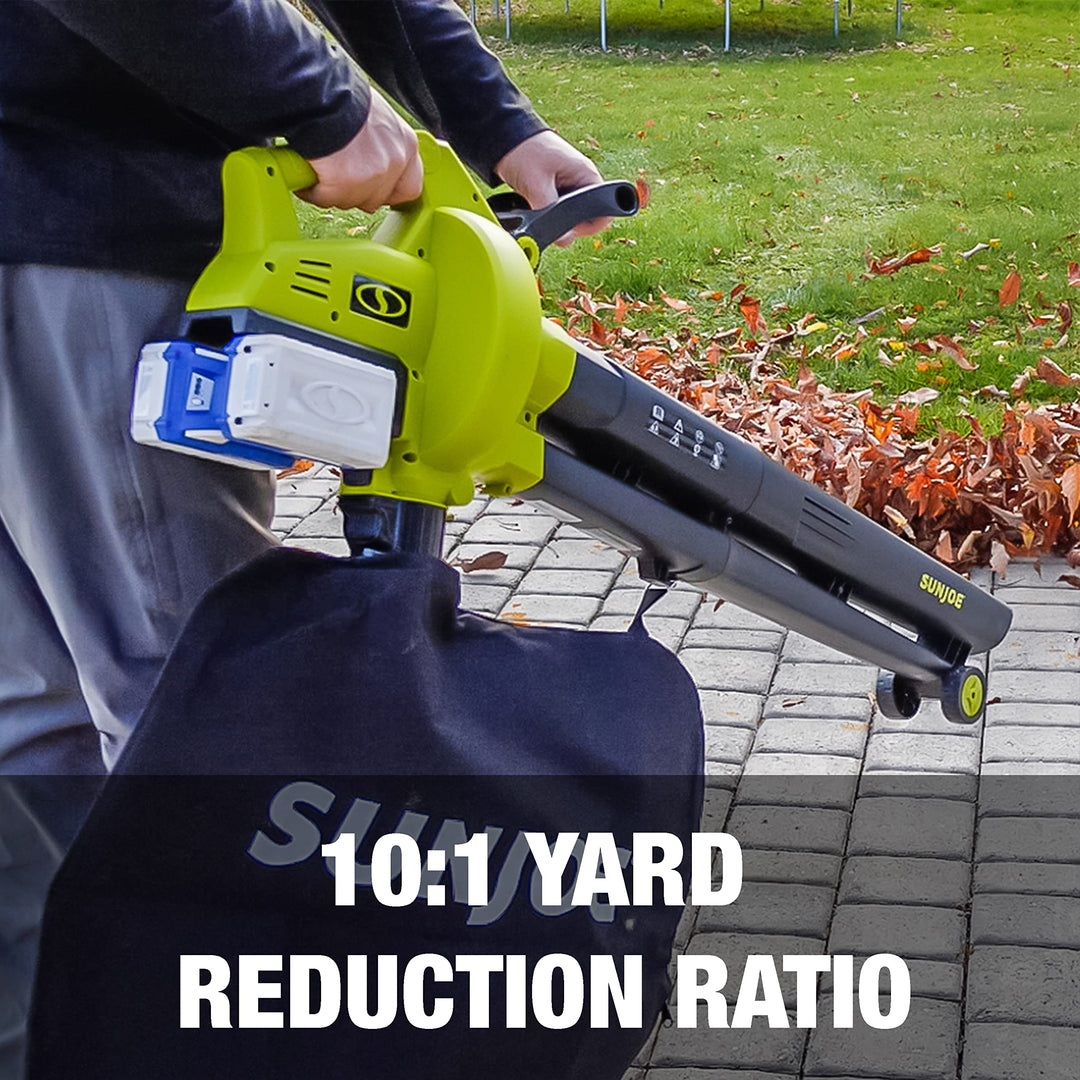 Restored Sun Joe 24V-X2-BVM190 | Cordless Leaf Blower Vacuum Mulcher Kit | 48-Volt iON+ | 190-MPH | 340-CFM | W/ 2 x 4.0-Ah Batteries + Charger (Refurbished)