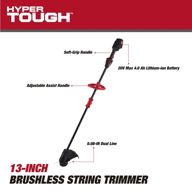 Restored Hyper Tough Brushless String Trimmer | Battery Powered | 20V Max | 13" | 4.0Ah | Rapid Reload Trimmer Head | HT22-401-03-02 (Refurbished)