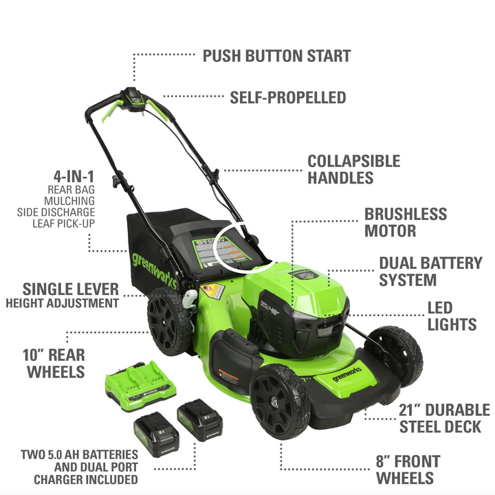 Restored Greenworks LME471 | 48V 21" Brushless Cordless Self-Propelled Lawn Mower | LED Headlight | (2) 5.0Ah Batteries & Dual Port Rapid Charger Included (Refurbished)