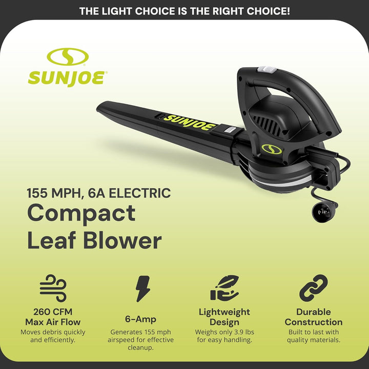 Restored Sun Joe SBJ597E | 6-Amp 155 MPH Electric Leaf Blower (Refurbished)